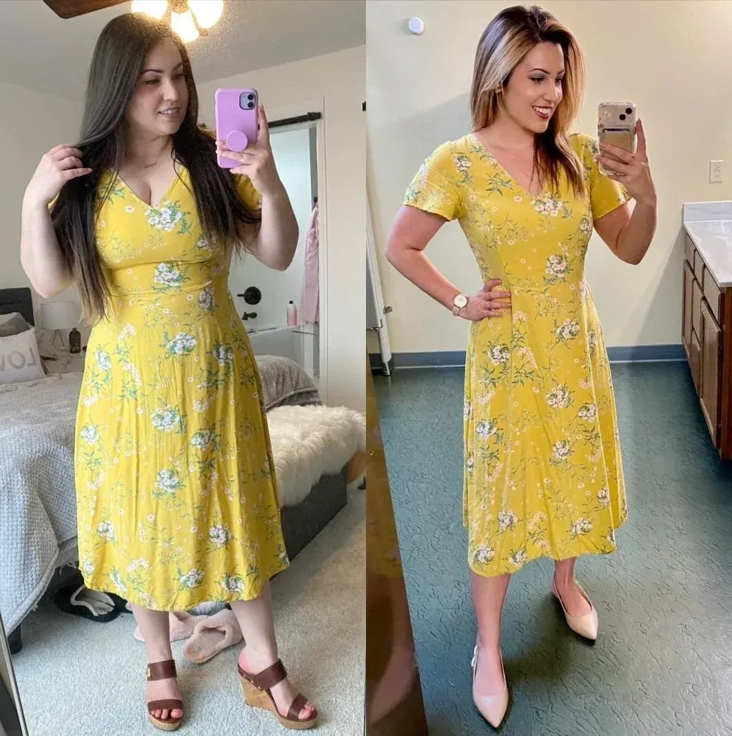 Before/after in yellow dress: Marina G. with ThermoBurn Pro